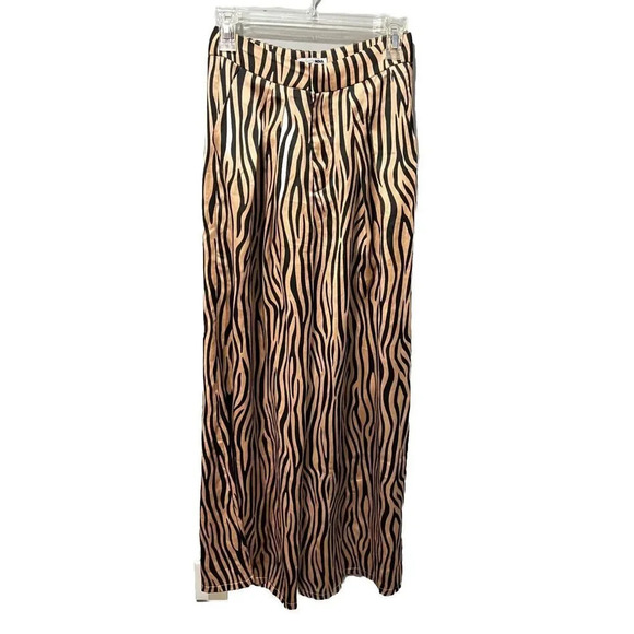 Fashion Nova Womens Brown Tiger Print Wide Leg Pants Small High Waist Pockets - Picture 1 of 15